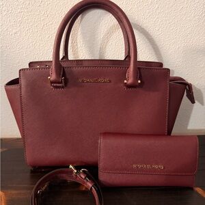 Michael Kors Deep Red Satchel and Wallet Set